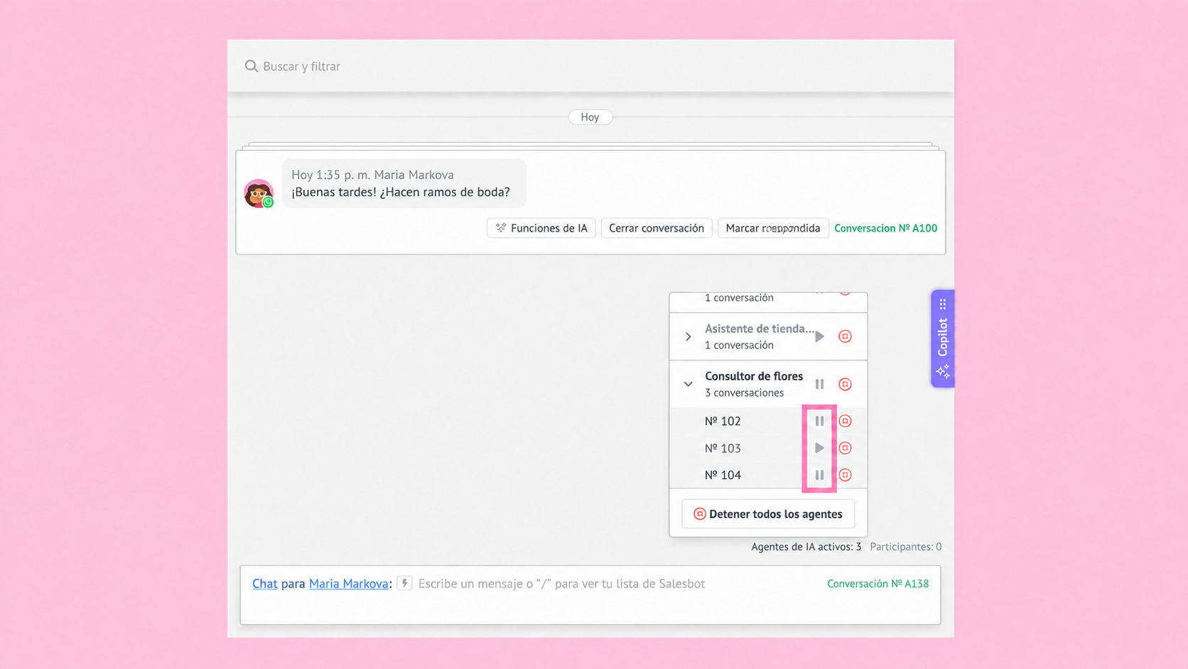 Chat interface showing conversation details and options for managing agents and conversations.